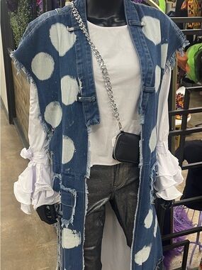 Denim Polka Dot Long Vest Jeans - White/Blue